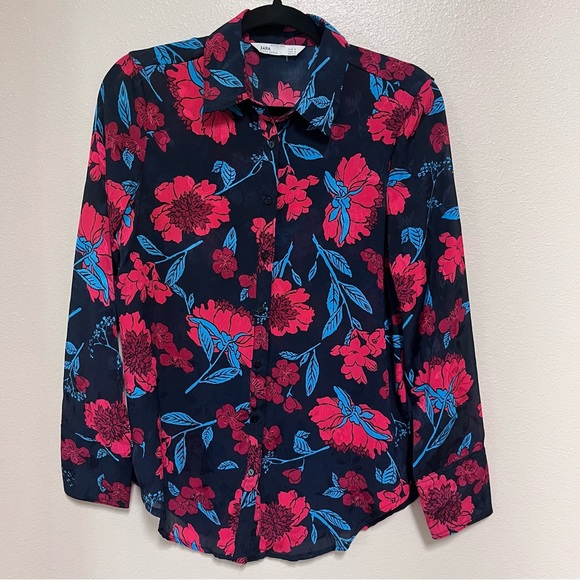 ZARA Navy Red Floral Button Front Blouse Top Shirt size M - Picture 1 of 4